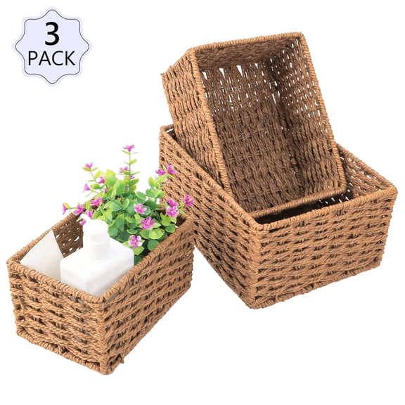 Hengbo 3Pack Handwoven Rattan Storage Baskets -khaki, Rectangular Stackable Desktop Storage Boxes, Suitable for Living Room / Kitchen / Office /Shelving