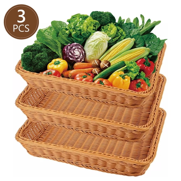 Tripumer 3Pack 11.8-Inch Woven Faux Rattan Bread Baskets - Stackable Rectangular Food Storage for Fruit, Bread, Vegetables, Towels-Brown