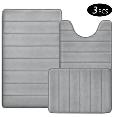 Tripumer 3Pcs Memory Foam Bathroom Mat Set Bathroom Rug Set Thick Soft Bathroom Rugs for Bathroom Water Absorbent Bathroom Shower Rugs Machine Washable Light Gray