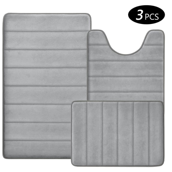 Tripumer 3Pcs Memory Foam Bathroom Mat Set Bathroom Rug Set Thick Soft Bathroom Rugs for Bathroom Water Absorbent Bathroom Shower Rugs Machine Washable Light Gray