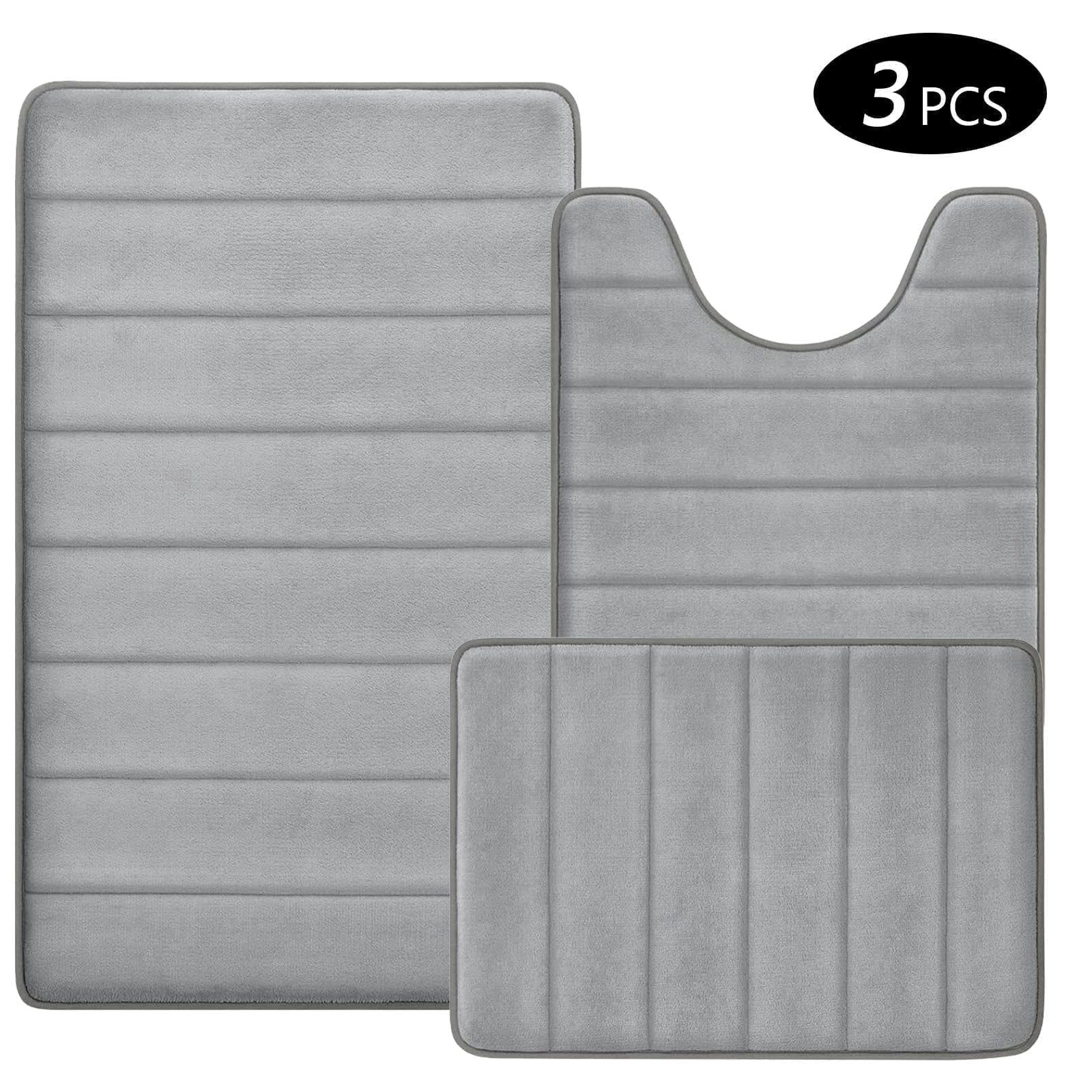 Hengbor 3Pcs Memory Foam Bathroom Mat Set Bathroom Rug Set Thick Soft Bathroom Rugs for Bathroom Water Absorbent Bathroom Shower Rugs Machine Washable Light Gray