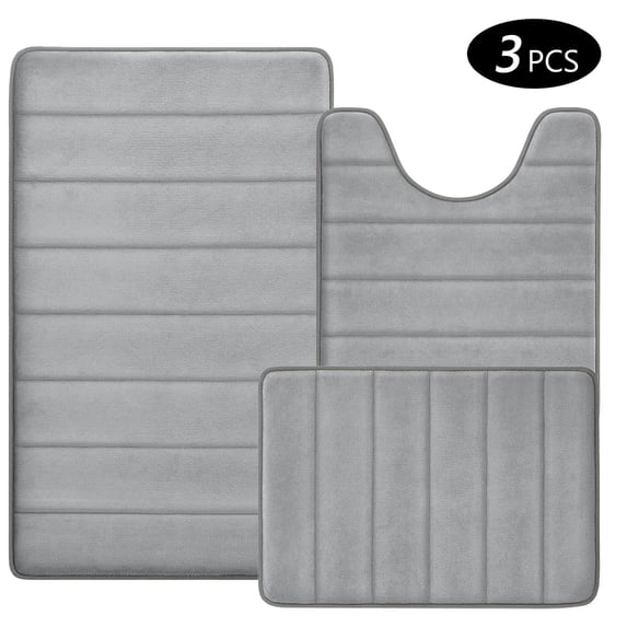Tripumer 3Pcs Memory Foam Bathroom Mat Set Bathroom Rug Set Thick Soft Bathroom Rugs for Bathroom Water Absorbent Bathroom Shower Rugs Machine Washable Light Gray