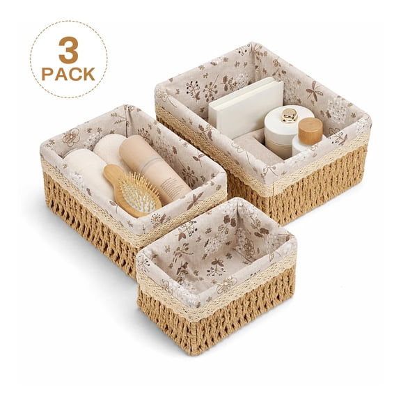 Tripumer 3Pcs Woven Storage Baskets, Countertop Storage Boxes with Floral Lining Patterns—Ideal for Bathroom Organization, Kitchen, Home, and Desktop Storage—Khaki