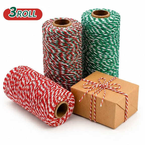 Tripumer 3Roll Natural Cotton Twine Set, 984ft Perfect for Gift Wrapping, Home and Christmas Decorations, And DIY Projects—Red/White, Green/White, Red/Green/White