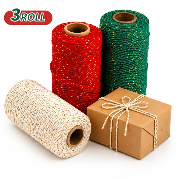Tripumer 3Roll Natural Cotton Twine Set, 984ft Perfect for Gift Wrapping, Home Christmas and Wedding Decorations, And DIY Projects—Red/Gold, Green/Gold, White/Gold