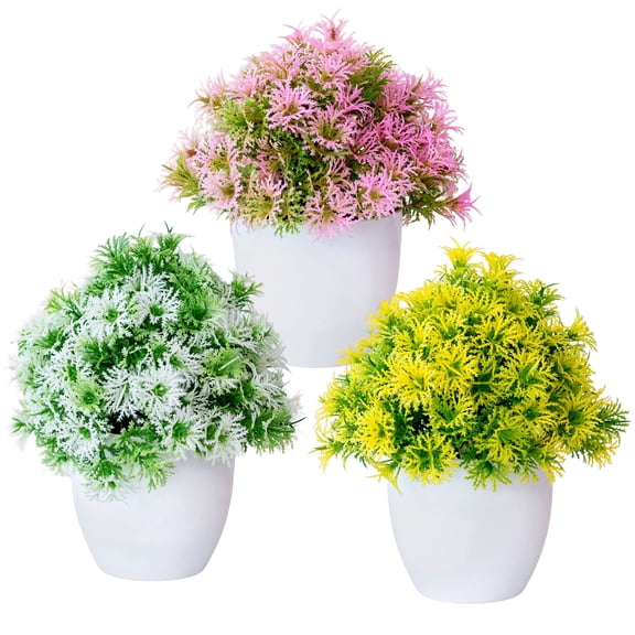 Tripumer 3pcs Small Artificial Greenery Potted Plant Faux Jasmine Grass UV Resistant Plants For Indoor Home Office Bathroom Wedding Farmhouse Decoration-Yellow + Rose + White