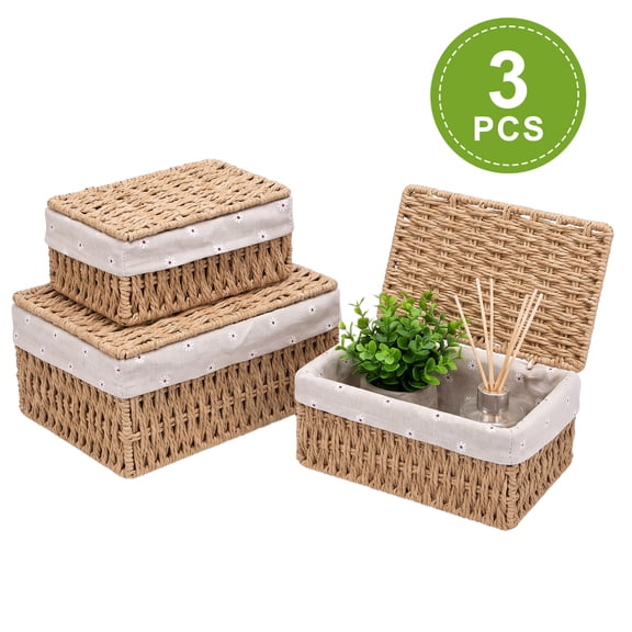 Tripumer 3pcs Woven Storage Basket Set with Lids & Removable Liners, Dust-Proof Rectangle Organizer Bins for Bedroom Closet Pantry, Khaki