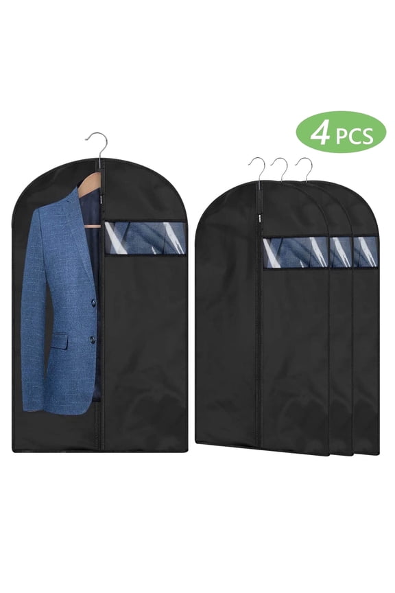 Hengbo 4 Pcs Garment Bags Hanging Clothes Bag Suit Bag 24 x 40 inch Lightweight Suit Bags Clothing Bags Garment Sleeves Suit Sleeves Closet Organiser Travel Washable Dustproof Foldable Black