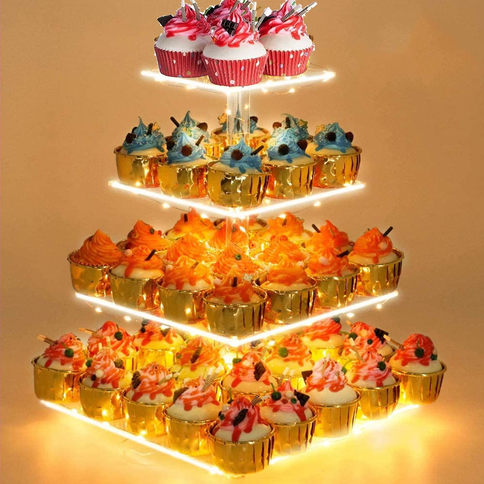 Soporte para pastelitos de acrílico de 4 niveles Tripumer con luz LED amarilla, exhibidor de postres para cumpleaños, bodas y fiestas