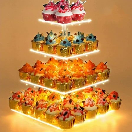 Tripumer 4 Tier Square Cupcake Stand Acrylic Cupcake Stand with Yellow LED Light String Dessert Display Stand for Birthday, Wedding, Party, Party Cupcake Serving Tray