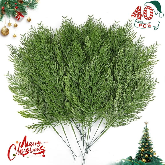 Tripumer 40pcs Artificial Pine Branches Faux Greenery Stems 13.5inch Plastic Fake Pine Needles for Christmas Decorations, DIY Wreath Arrangements and Home Garden Decorations - Green