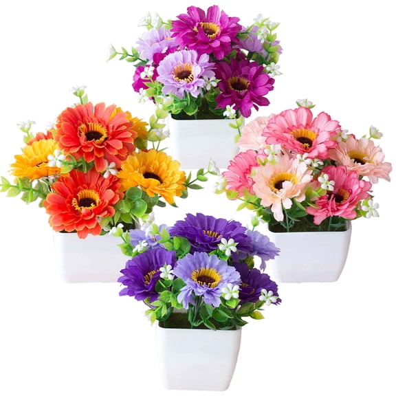 Tripumer 4PCS Small Artificial Flower Pot Plant Set Faux Full Star Chrysanthemum UV Resistant Suitable for Indoor Home Office Bathroom Wedding Farmhouse Decoration