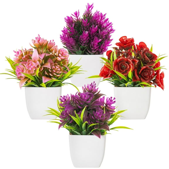 Tripumer 4Pack Artificial Plants Small Potted Plants with White Pots Simulation Spring Grass Rose Fake Green Plants for Home Office Bedroom Desktop Bathroom Living Room Decoration