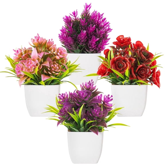 Tripumer 4Pack Artificial Plants Small Potted Plants with White Pots Simulation Spring Grass Rose Fake Green Plants for Home Office Bedroom Desktop Bathroom Living Room Decoration