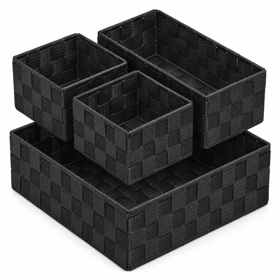 Tripumer 4Pcs Handwoven Basket Set, Stackable Divided Containers for Office, Kitchen, Bedroom, Desk and Closet — Black