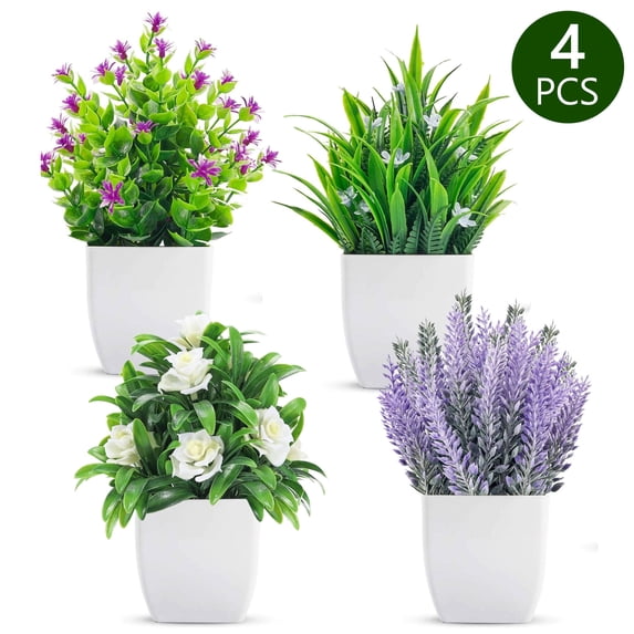 Hengbo 4pack Artificial Greenery with White Planter Mini Simulation Potted Fake Eucalyptus Leaf Greenery for Desktop Home Office Dining