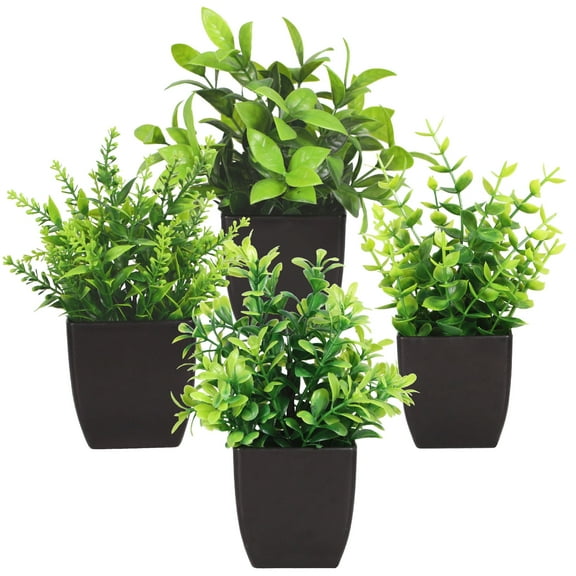 Tripumer 4Pack Small Artificial Eucalyptus Potted Deco, Black Pot for Home/Office/Bedroom Decoration