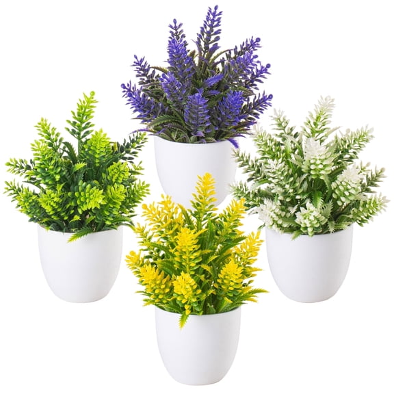 Tripumer 4pack Mini Artificial Flowers Simulation Multicolor Small Pine Spike Potted Plants with Round Flower Pots for Home Office Bedroom Room