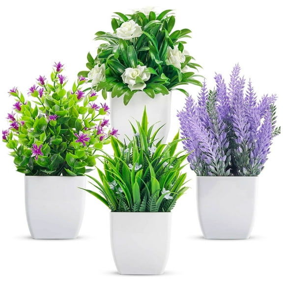 Tripumer 4pack Mini Artificial Green Plants Small Fake Greenery Simulation Potted Planting Suitable for Home Office Bathroom Dining Table