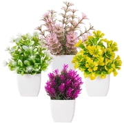 Tripumer 4pack Mini Fake Flowers Simulation Bellflower Artificial Green Plants with White Flower Pots Dandelion Potted Plants for Home Office Living