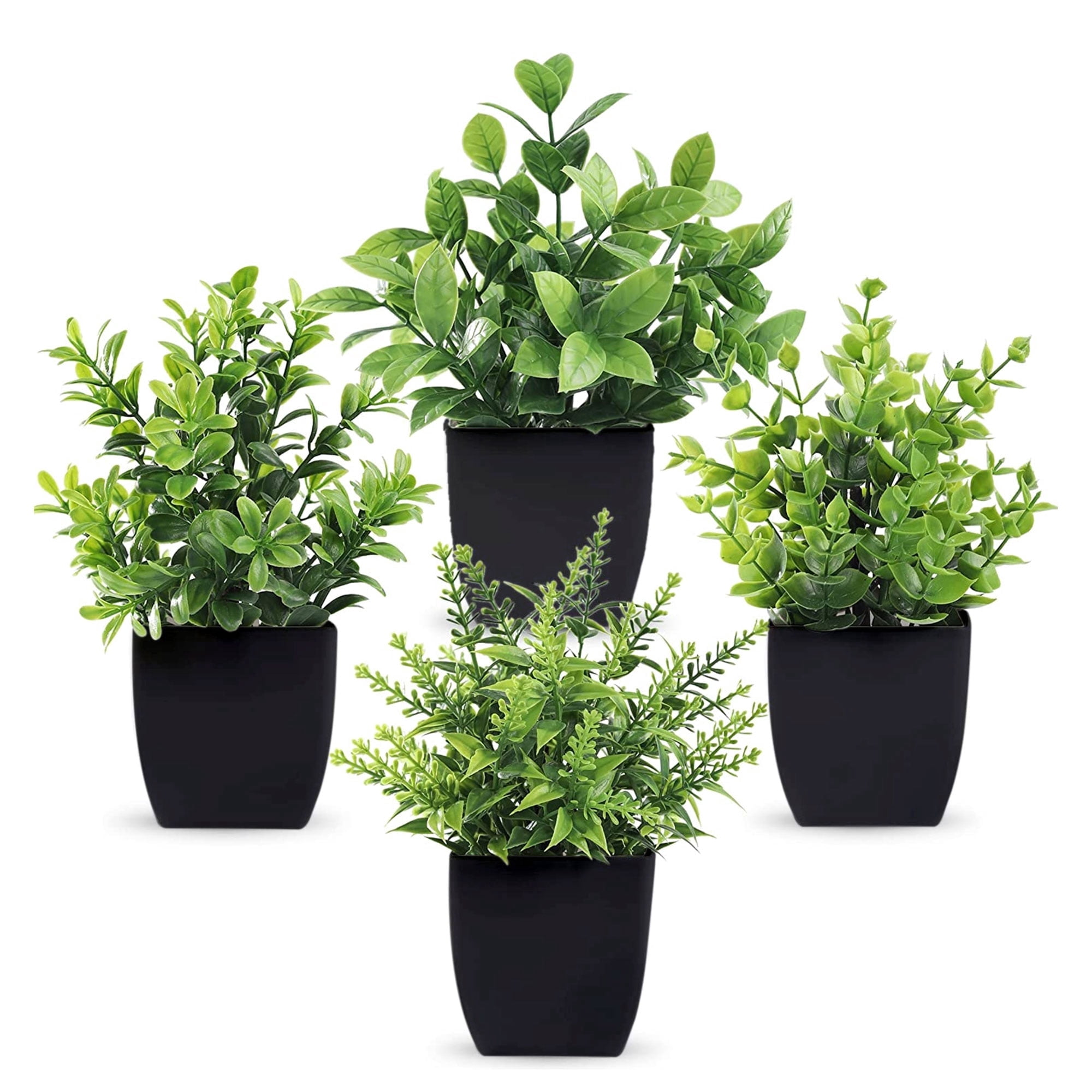 Tripumer 4pack Small Artificial Green Plants Fake Plants Simulation Eucalyptus Potted Plants with Black Flower Pots for Home Office Bedroom Bathroom Living Room Decoration