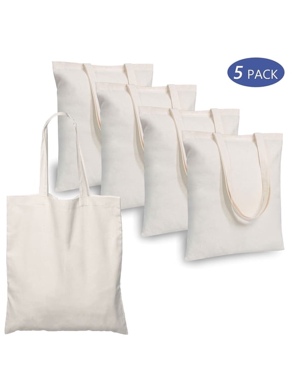 5 Pack Blank Bulk Cloth Bags Reusable Cotton Tote Bags 13.7 x 15.7 inch for Grocery Shopping DIY White