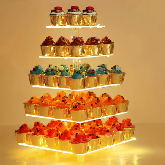 Tripumer 5 Tier Square Cupcake Stand Acrylic Cupcake Stand with Yellow LED Light String Dessert Display Stand for Birthday, Wedding, Party, Party Cupcake Serving Tray