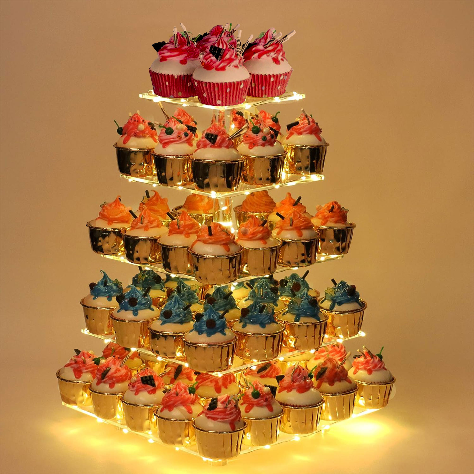 Tripumer 5 Tier Square Cupcake Stand Acrylic Cupcake Stand with Yellow