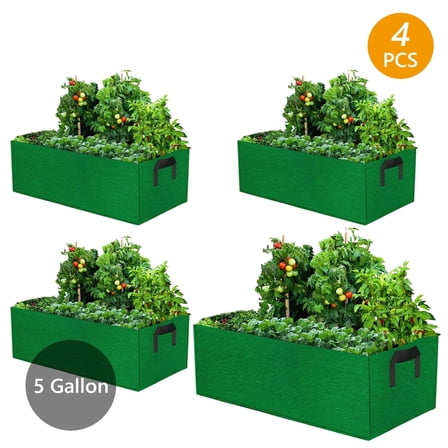 Tripumer 4 Pcs Fabric Raised Garden Bed Square Garden Grow Bag 5 Gallon Rectangle Breathable Planting Container Planting Bags Planter Pot with Handles for Flowers Vegetables Plants Green