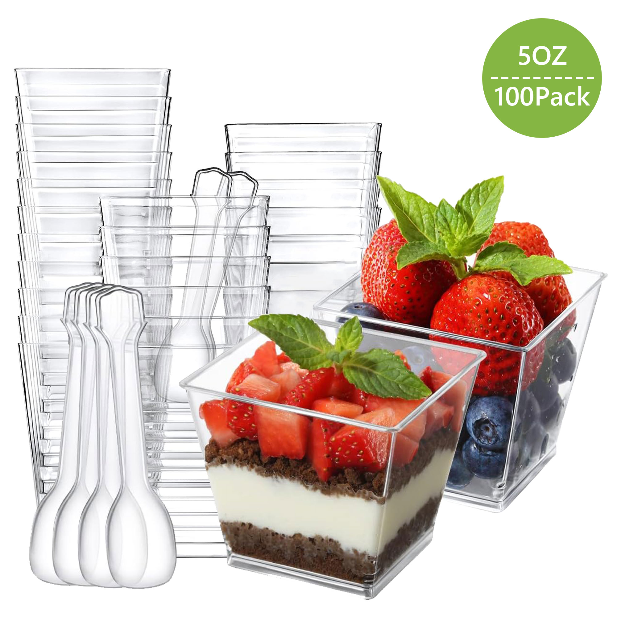 Tripumer 5 oz. Plastic Dessert Cups with Spoon Square Clear Parfait