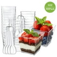 Tripumer 5 oz. Plastic Dessert Cups with Spoon Square Clear Parfait