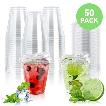 Tripumer [50 PACK] 12 OZ Clear Plastic Cups BPA-Free Disposable Cold Drink Cups with Lids Party Drink Cups for Iced Coffee Smoothies Soda Cocktails Juice Iced Tea