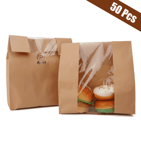 Tripumer 50 Pcs Paper Bread Bags Sourdough Bread Bags Large Bakery Bags with Window 13.7 x 8.2 x 3.5 inch Includes Label Seal Stickers for Homemade Bread Storage