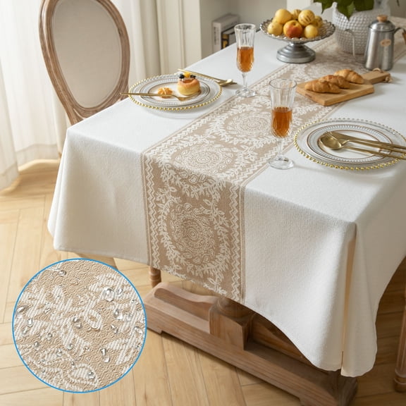 Tripumer Farmhouse Tablecloth 55x70 Inch Waterproof Gold Minimalist Jacquard Table Cover for Dining Kitchen Wedding