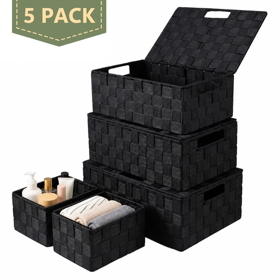 Tripumer 5pack Hand Woven Basket with Lid, Stackable Box with Handle, Black, For Bedroom Wardrobe Dorm Office Kitchen, Ideal for Renters & Family