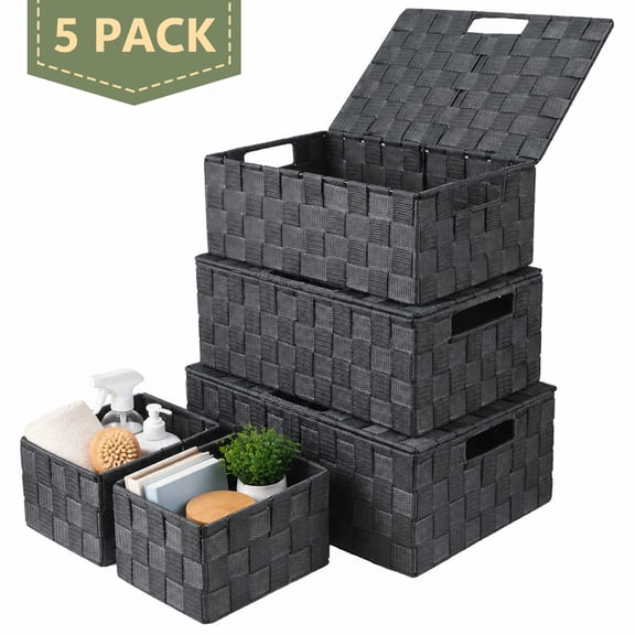 Tripumer 5Pack Hand Woven Storage Basket with Lid, Stackable Storage Box with Handle Suitable for Living Room, Dormitory, Kitchen, Bedroom Wardrobe, Gray,Perfect for Renters & Family Storage