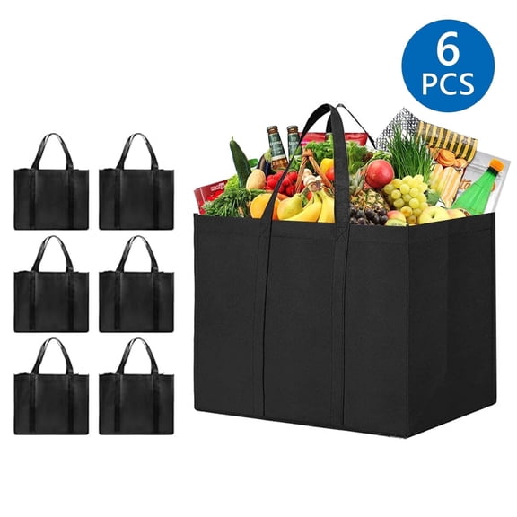 Tripumer 6Pcs Reusable Grocery Bags Heavy Duty Shopping Bags with Reinforced Handles Foldable and Washable Tote Bags for Shopping Groceries Clothes Black