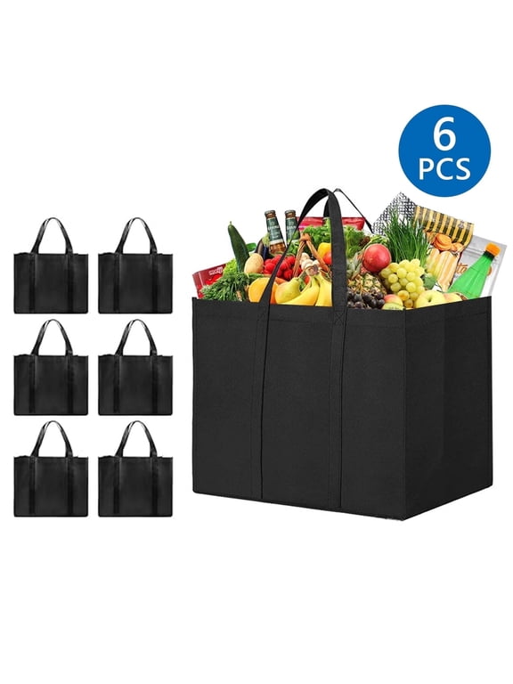 6Pcs Reusable Grocery Bags Heavy Duty Shopping Bags with Reinforced Handles Foldable and Washable Tote Bags for Shopping Groceries Clothes Black