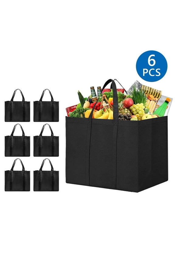 6PCS Reusable Grocery Bags Heavy Duty Shopping Bags with Reinforced Handles Foldable and Washable Tote Bags for Shopping Groceries Clothes Black