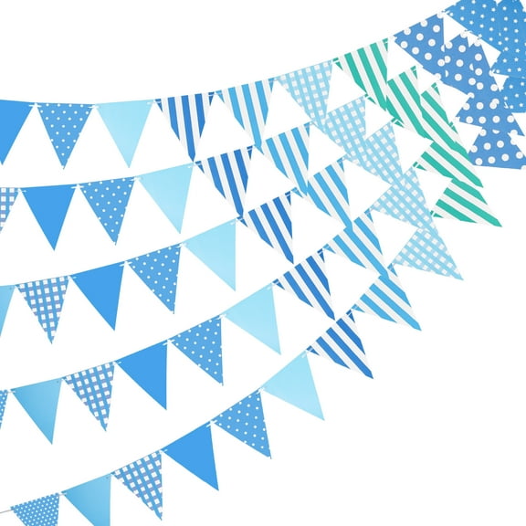 Tripumer 82ft Pennant Banner String Hanging 60Pcs Blue Polka Dot + Stripe Birthday Hanging Flag Suitable for Birthday Party Carnival Outdoor Event Opening Decoration