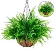 Tripumer Artificial Boston Fern Hanging Basket, 7.87inch Coconut Fiber Basket for Outdoor/Indoor Courtyard/Porch