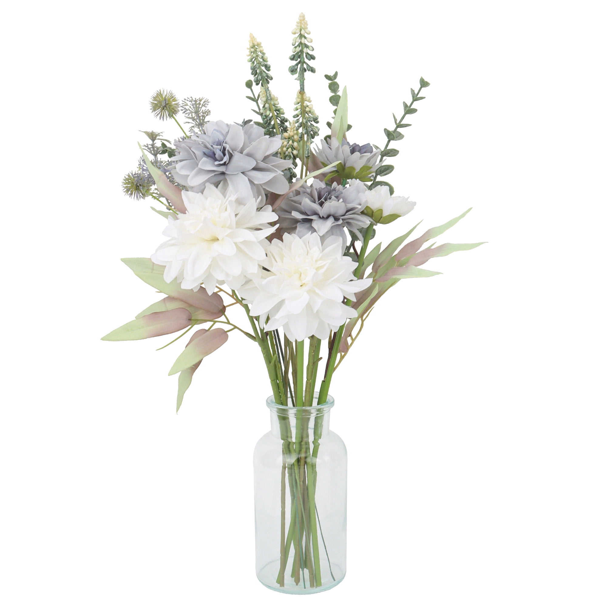 Tripumer Artificial Flowers with Vase Dahlia and Eucalyptus Leaves Fake Flower Bouquet 19.9inch Simulated Plant Arrangement For Wedding Party Table Centerpieces Home Decoration-Blue and White