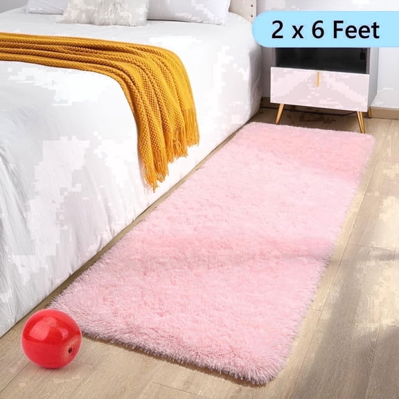 Tripumer Bedside Rugs Furry Area Rug 2 x 6 Feet Thin Shaggy Indoor Floor Carpet Runner Rugs for Living Room Bedroom Home Decor Pink