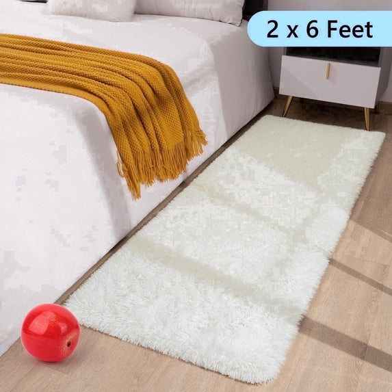 Tripumer Bedside Rugs Furry Area Rug 2 x 6 feet Shaggy Indoor Floor Carpet Runner Rugs for Living Room Bedroom Home Decor White