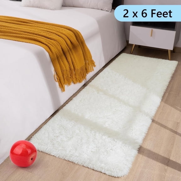 Tripumer Bedside Rugs Furry Area Rug 2 x 6 feet Shaggy Indoor Floor Carpet Runner Rugs for Living Room Bedroom Home Decor White