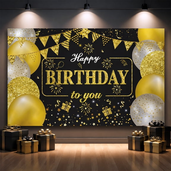 Tripumer Black Gold Happy Birthday Backdrop Banner, 5.91x3.61ft, Glitter Balloon Photography Background for Adult Birthday Party, Photo Booth Props, Wall Decor Supplies