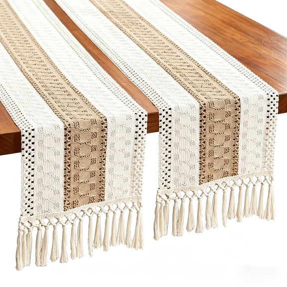 Hengbo Burlap Macrame Table Runner 72 Inch Long Boho Farmhouse Table Decor for Dining Wedding Party 2PCS