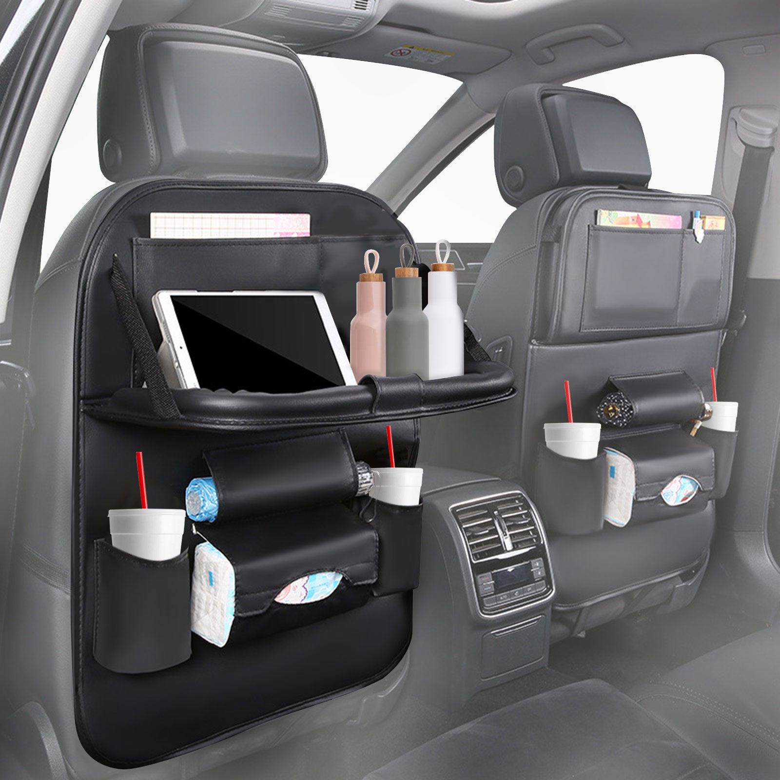 Tripumer Car Back Seat Organizer with Foldable Table Tray PU Leather Backseat Car Organizer with