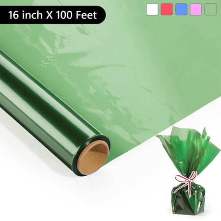 Tripumer Cellophane Wrap Roll Cellophane Wrapping Paper 16 in X 100 feet Colored Cellophane Wrap for Gift Baskets Iridescent Film DIY Gift Baskets Treats Gift Crafts Holiday Decoration Green