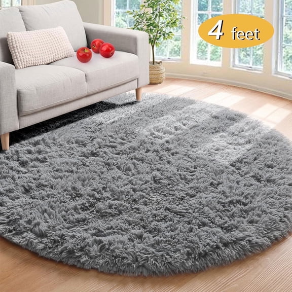 Tripumer Fluffy Round Rug 4 feet Circle Shag Area Rug Circular Rugs Fuzzy Rug Shaggy Bedroom Carpet for Room Bedroom Living Room Gray
